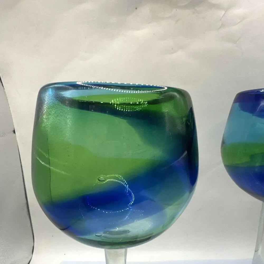 Jan Barboglio Hand Blown Swirl Wine Glasses Set of 3 Blue Green Clear